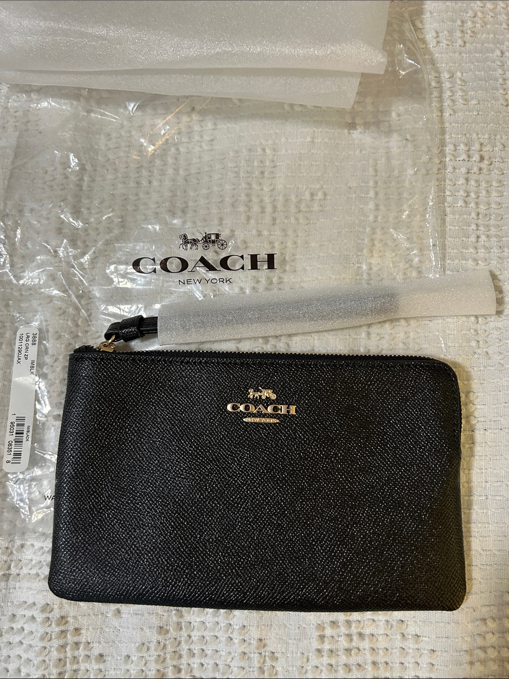 Coach Black Leather Zip Wristlet with Gold Logo